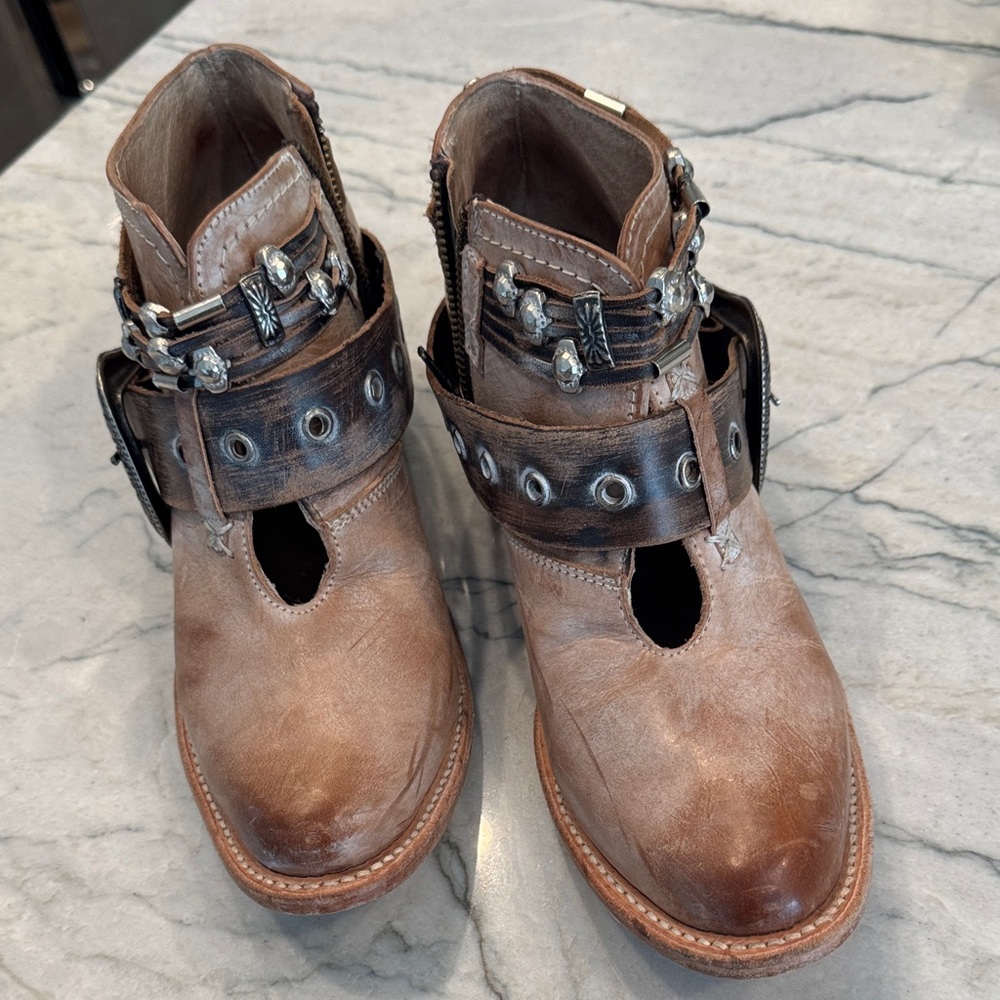 Freebird Brown Leather Ankle Boots with Buckle Detail size 9